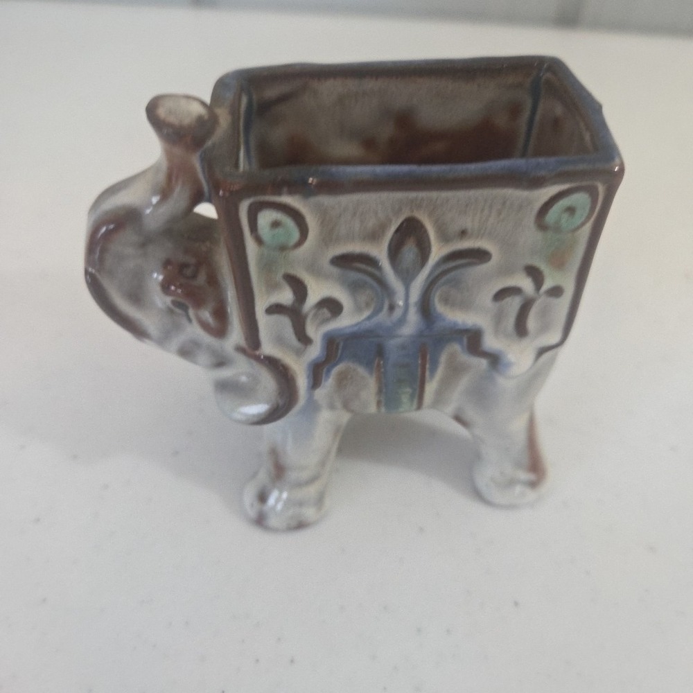 Vintage Glazed Ceramic Elephant Succulent Air Plant Planter Numbered Blue Brown - Picture 5 of 11